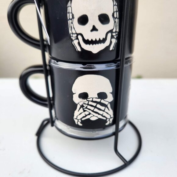 NEW Ceramic Skeleton Espresso Mugs Mug Set of 4 Stacking Stackable Black Stonewa - Picture 8 of 15